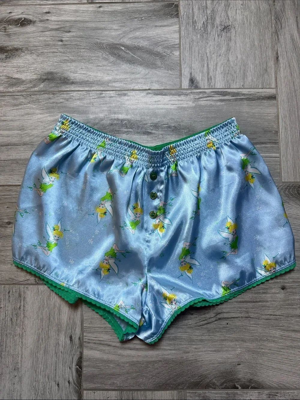 Disney Blue Tinker Bell Satin Sleep Shorts with Green Trim and Bow Detail Size S